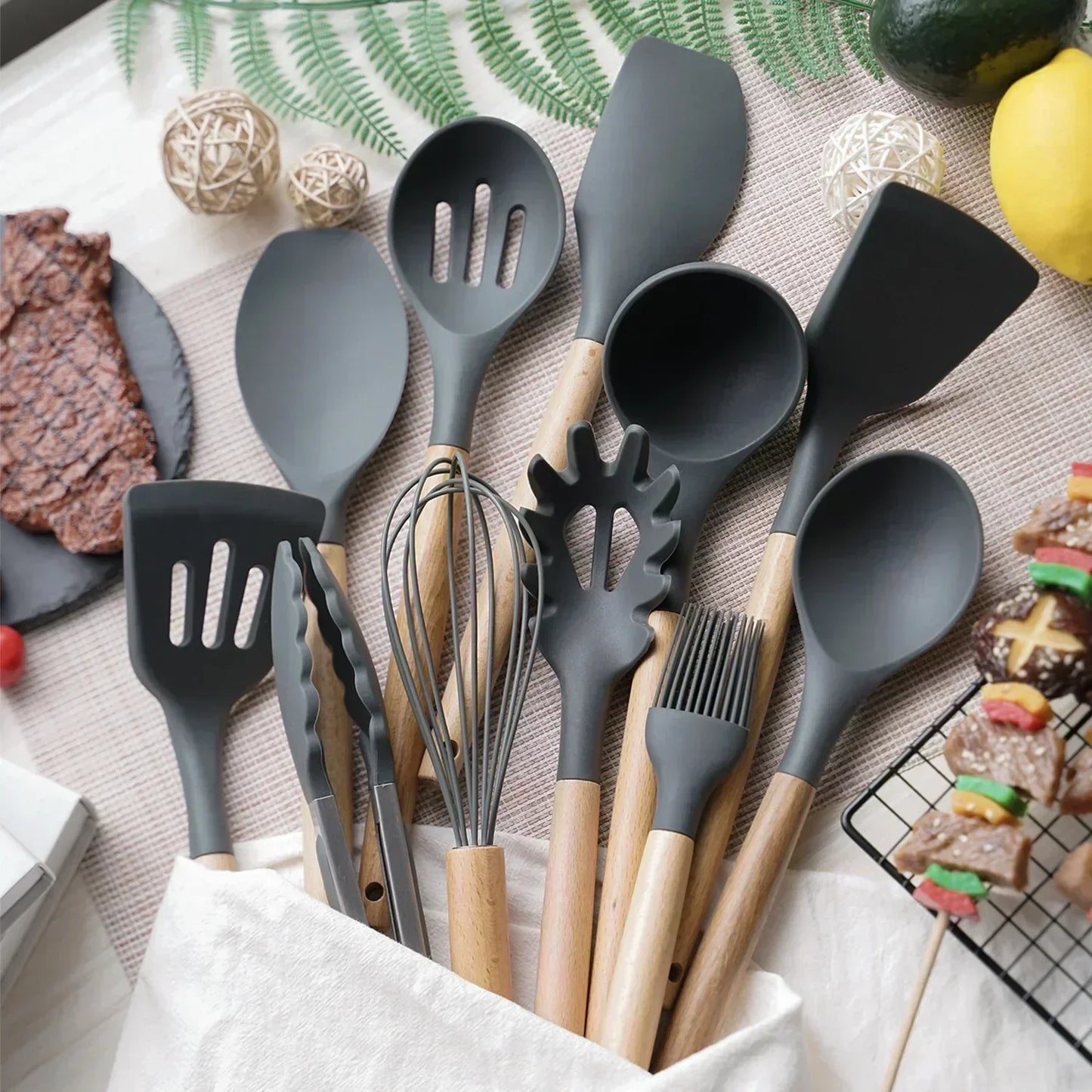 12-Piece Silicone Kitchen Utensil Set – Non-Stick Cooking Tools with Measuring Spoons
